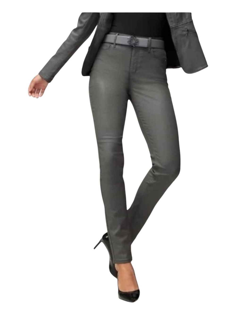 WHBM Coated Denim, Faux Leather, Moto, Dark Gray High-Rise Pants Size 12